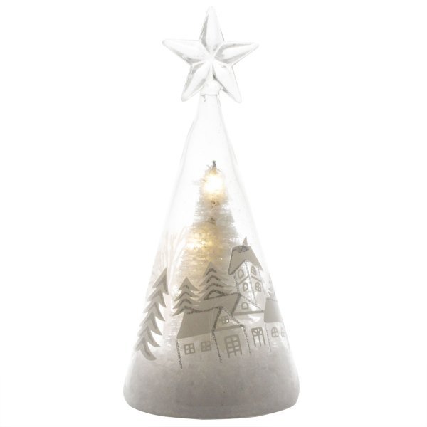 Χριστουγεννιάτικο Γυάλινο Διακοσμητικό Δεντράκι, με Χωριό και Δέντρο - 3 LED (15cm)
